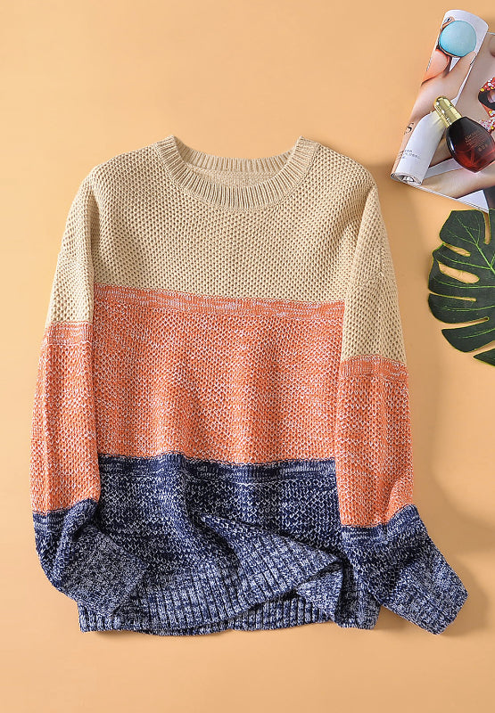 Color Block Round Neck Long Sleeve Sweater