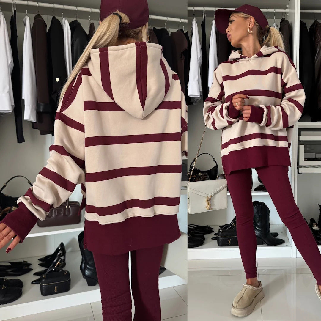 Women's Casual Loose Solid Color Printing Hooded Sweater Set