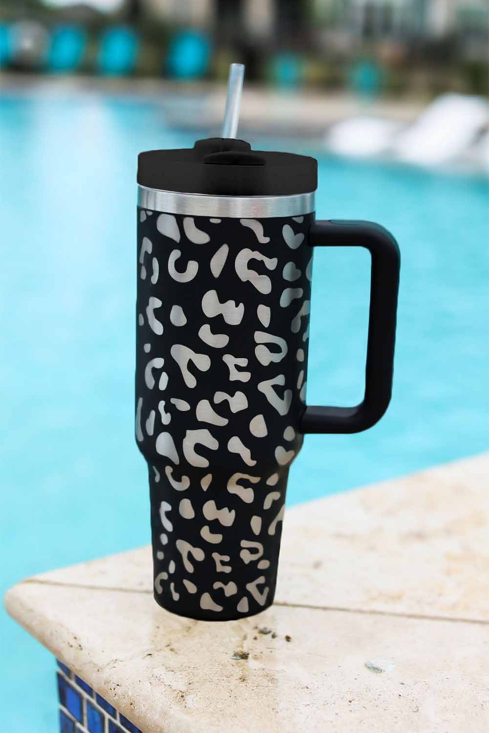 Black 40oz Stainless Steel Portable Leopard Tumbler Mug With Handle