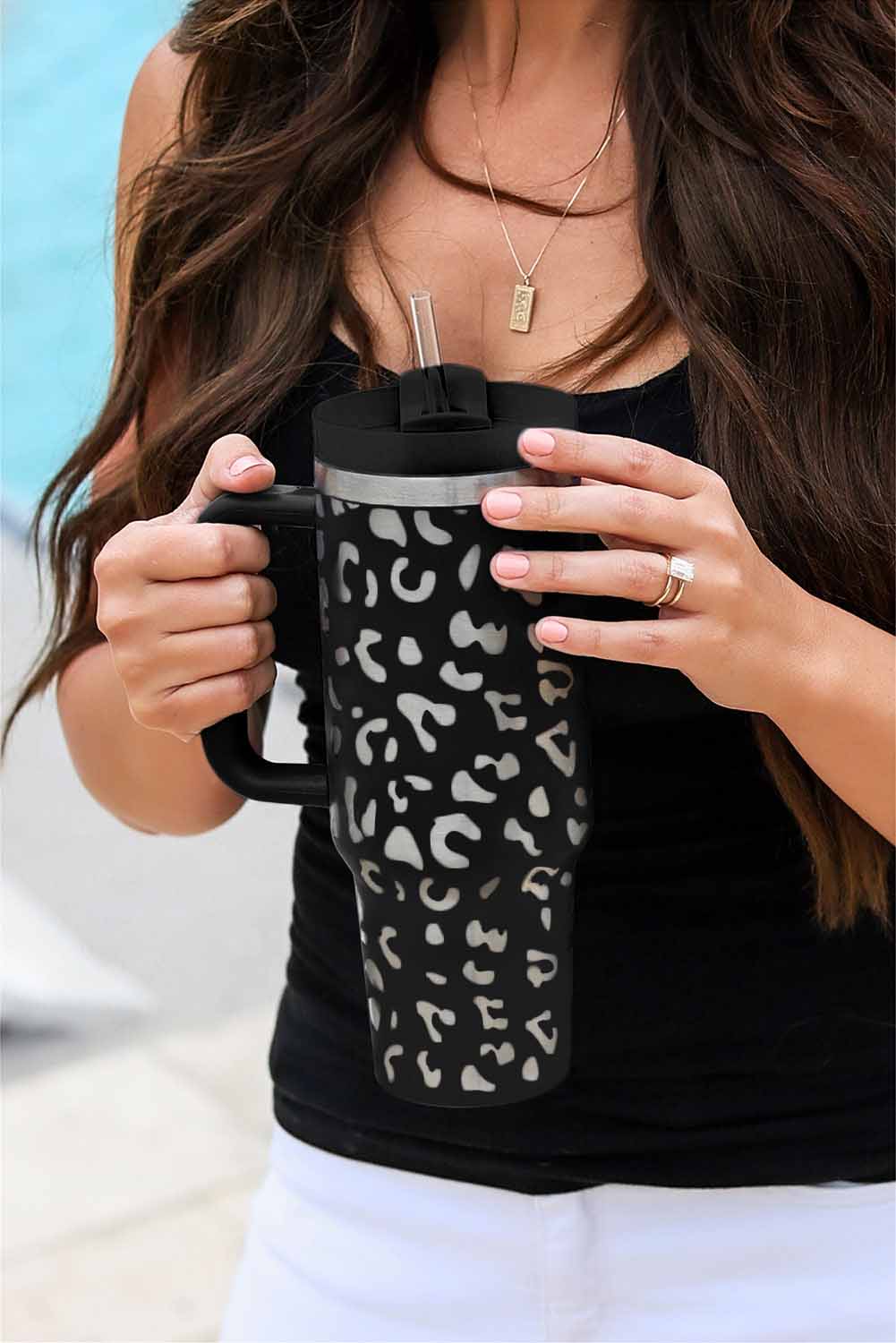 Black 40oz Stainless Steel Portable Leopard Tumbler Mug With Handle