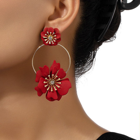 Camellia flower earrings with diamond inlaid flower earrings for women