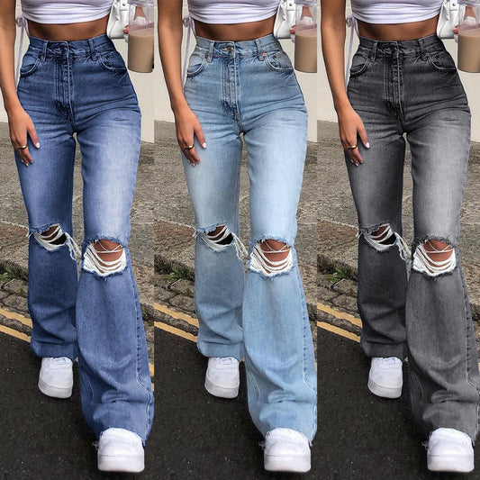 Women's Ripped High Waist Straight Wide Leg Mopping Denim Trousers