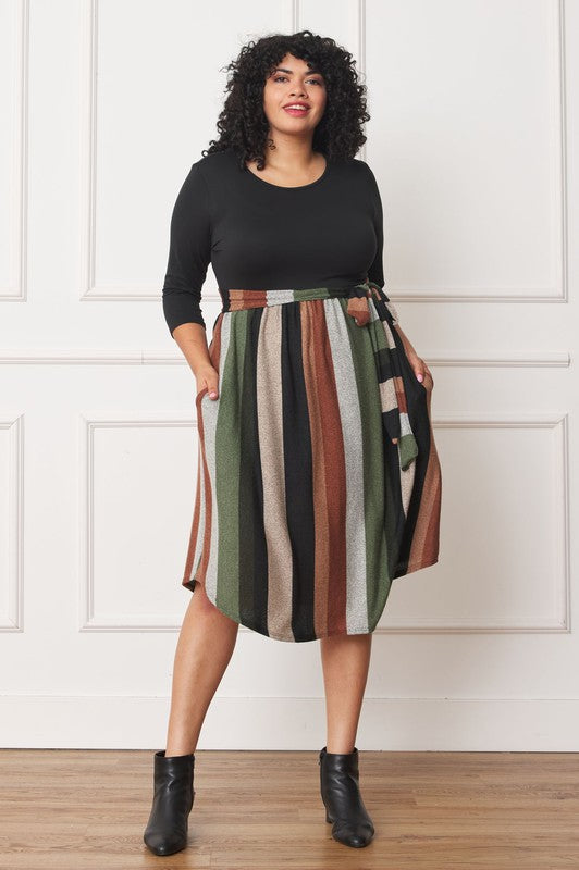 Plus Quarter Sleeve, Stripe Sash Midi Dress