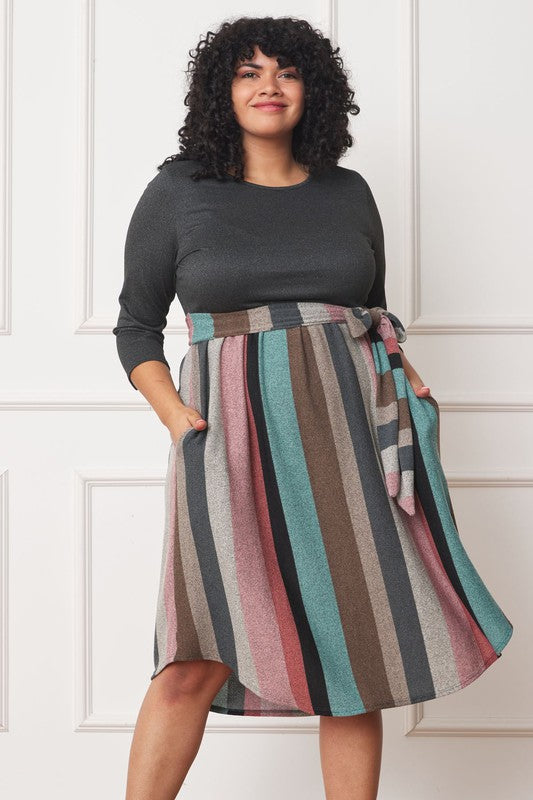 Plus Quarter Sleeve, Stripe Sash Midi Dress