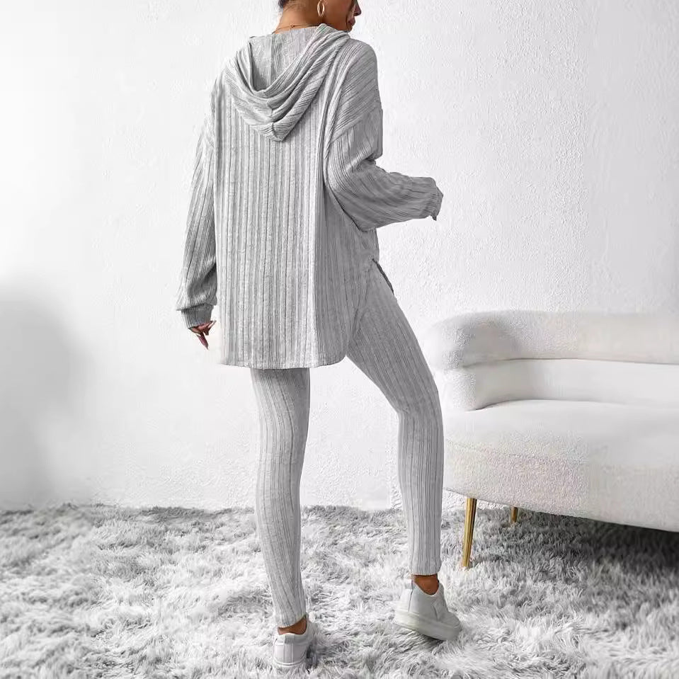 Autumn Solid Color Sunken Stripe Loose-fitting Hoodie Long Sleeve Suit