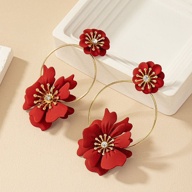 Camellia flower earrings with diamond inlaid flower earrings for women