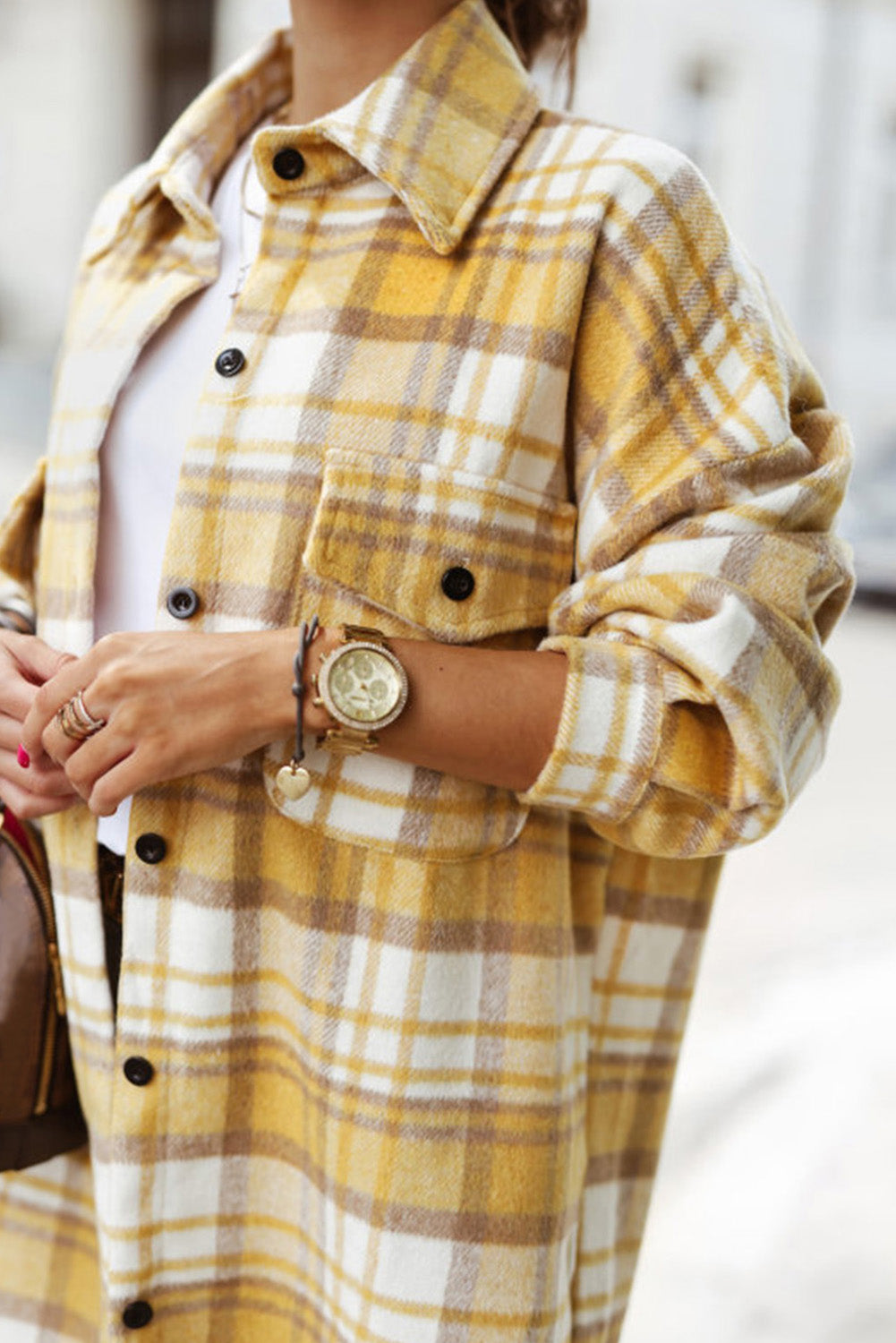 Yellow Plaid Print Flap Pocket Long Sleeve Shacket