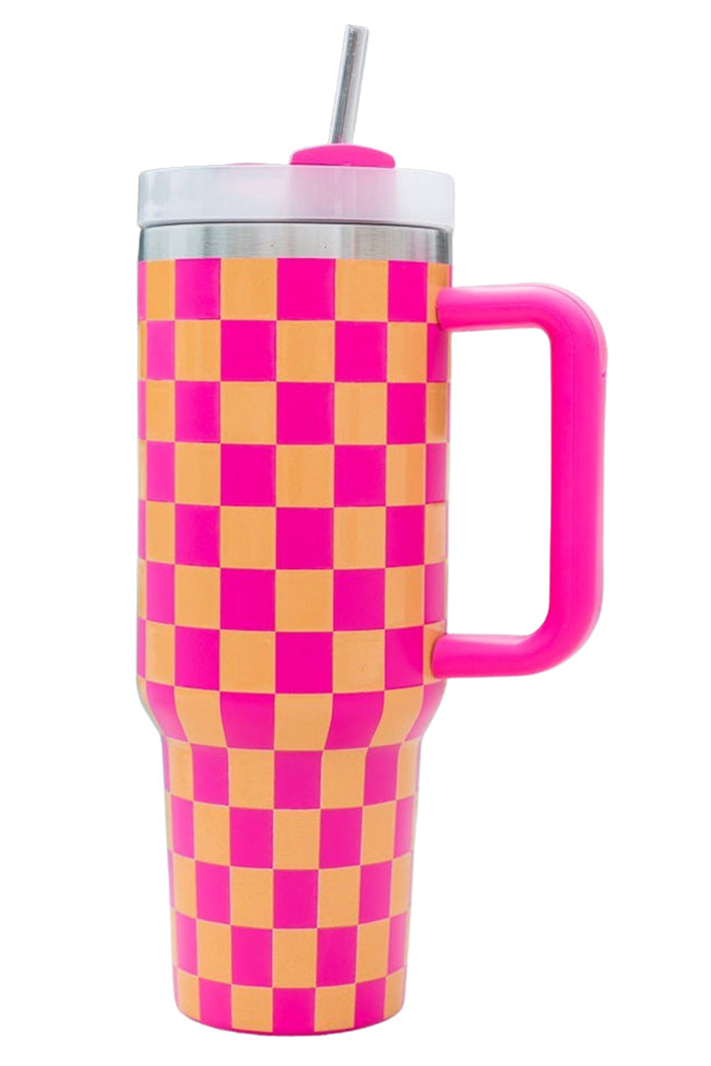 Pink Checkered Print Handled Stainless Steel Tumbler Cup