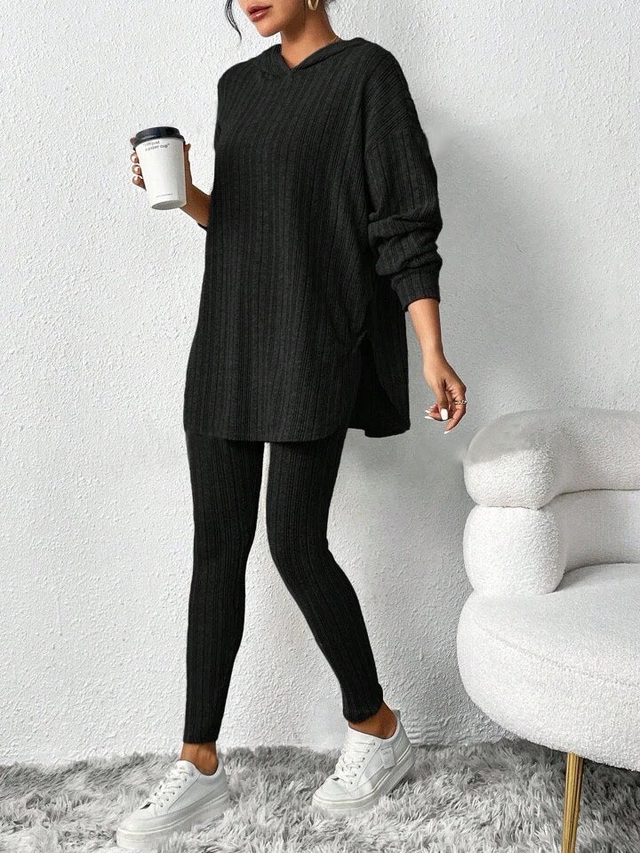 Autumn Solid Color Sunken Stripe Loose-fitting Hoodie Long Sleeve Suit