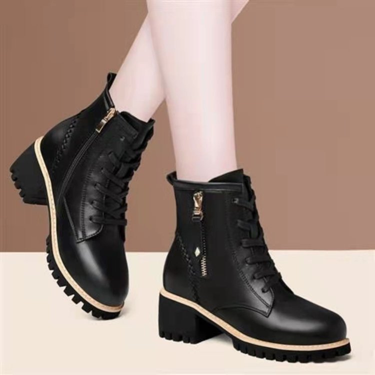 New Winter Fleece Side Zipper Mid-heel Martin Boots