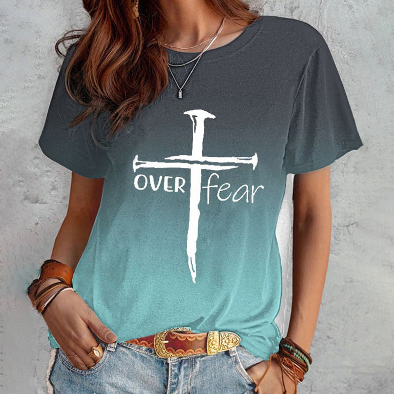 Summer Short Sleeve T-shirt Cross And Letter Print Tops Women