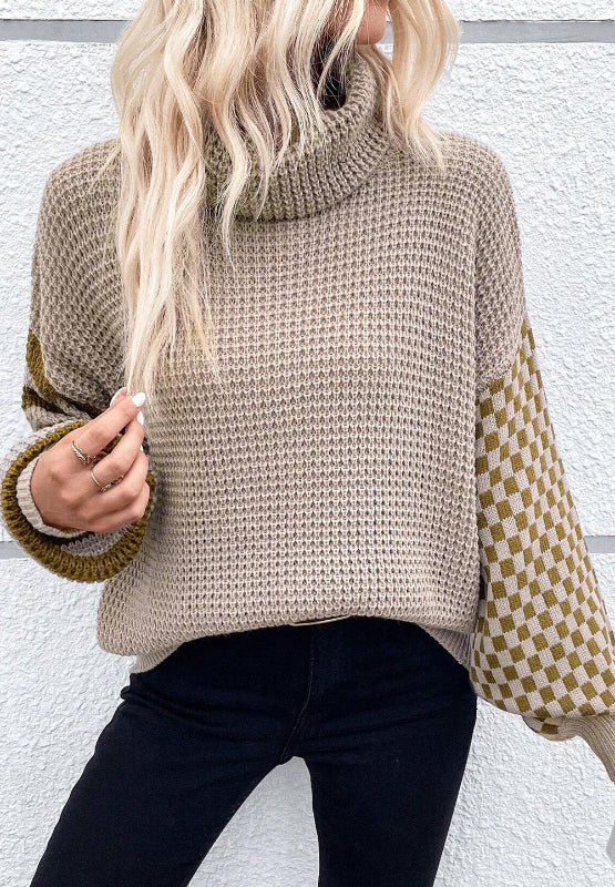 Striped & Checkered Turtleneck Dropped Shoulder Sweater