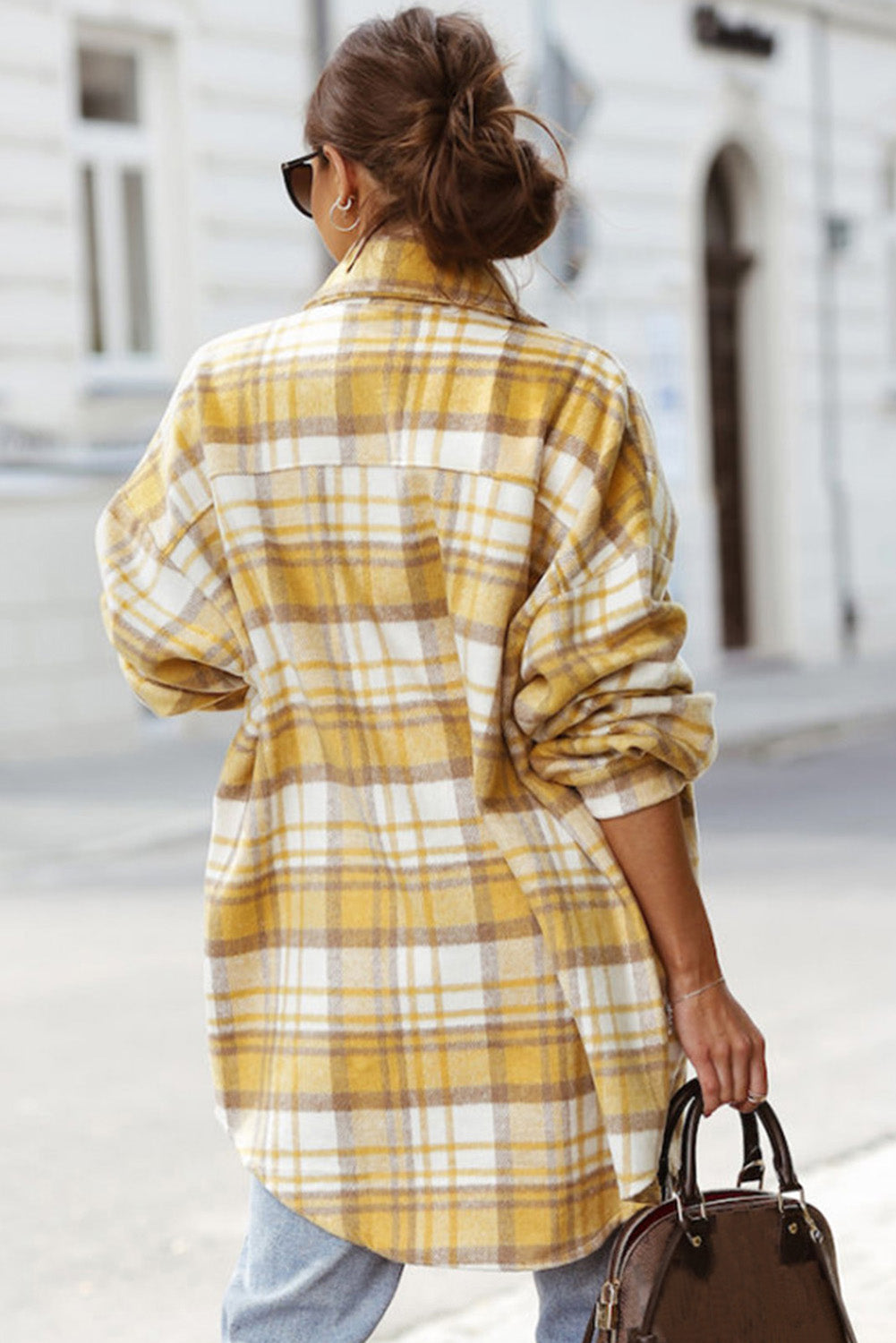 Yellow Plaid Print Flap Pocket Long Sleeve Shacket