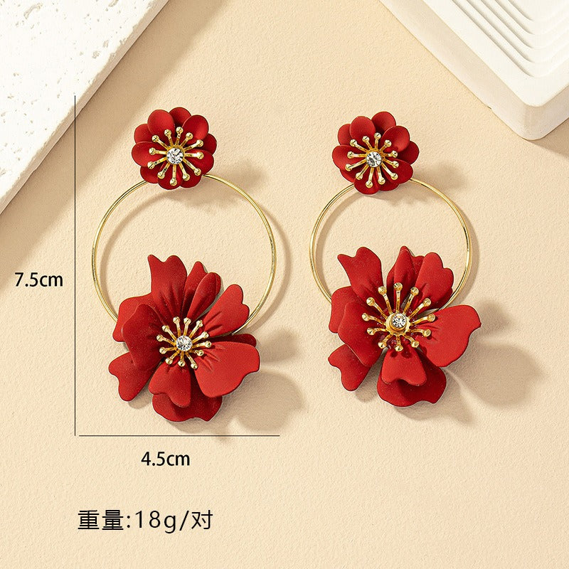 Camellia flower earrings with diamond inlaid flower earrings for women