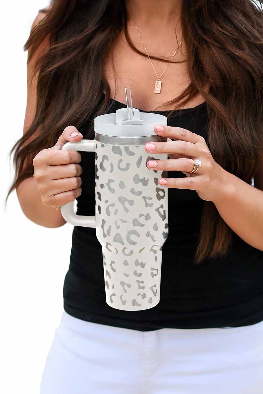 Black 40oz Stainless Steel Portable Leopard Tumbler Mug With Handle