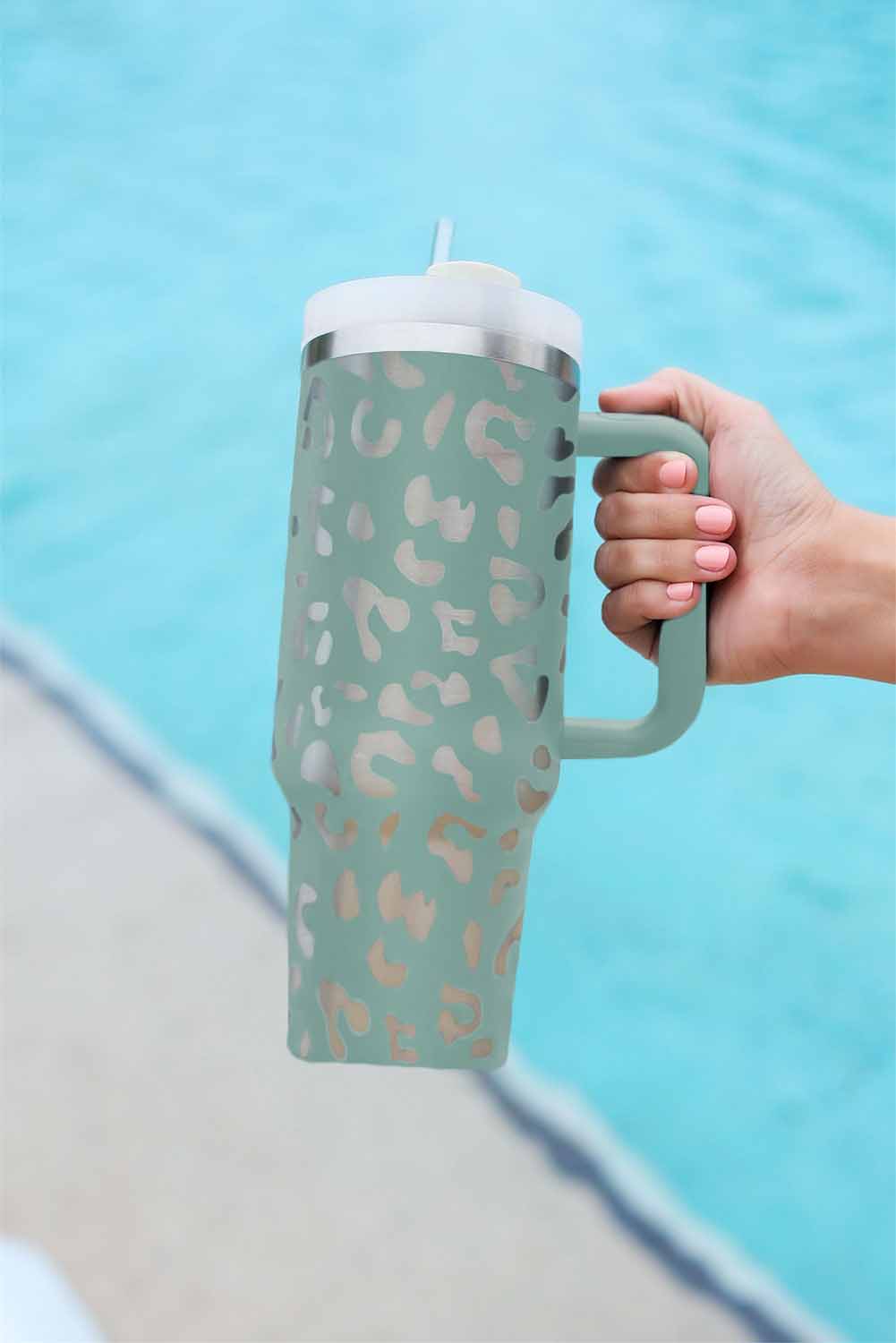 Black 40oz Stainless Steel Portable Leopard Tumbler Mug With Handle