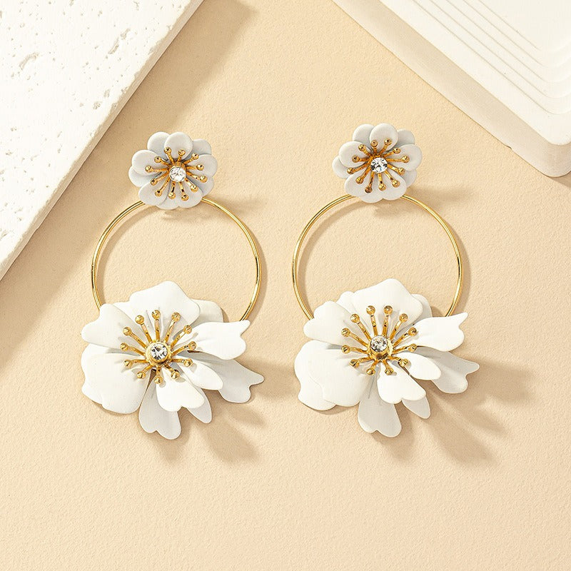 Camellia flower earrings with diamond inlaid flower earrings for women