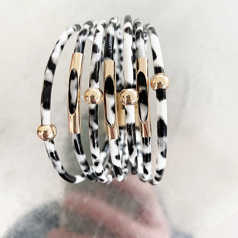 Alloy leopard print magnet buckle leather bracelet beaded leather rope bracelet copper bracelet accessories