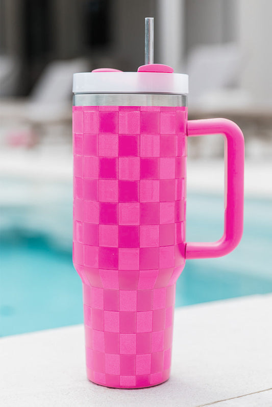 Pink Checkered Print Handled Stainless Steel Tumbler Cup