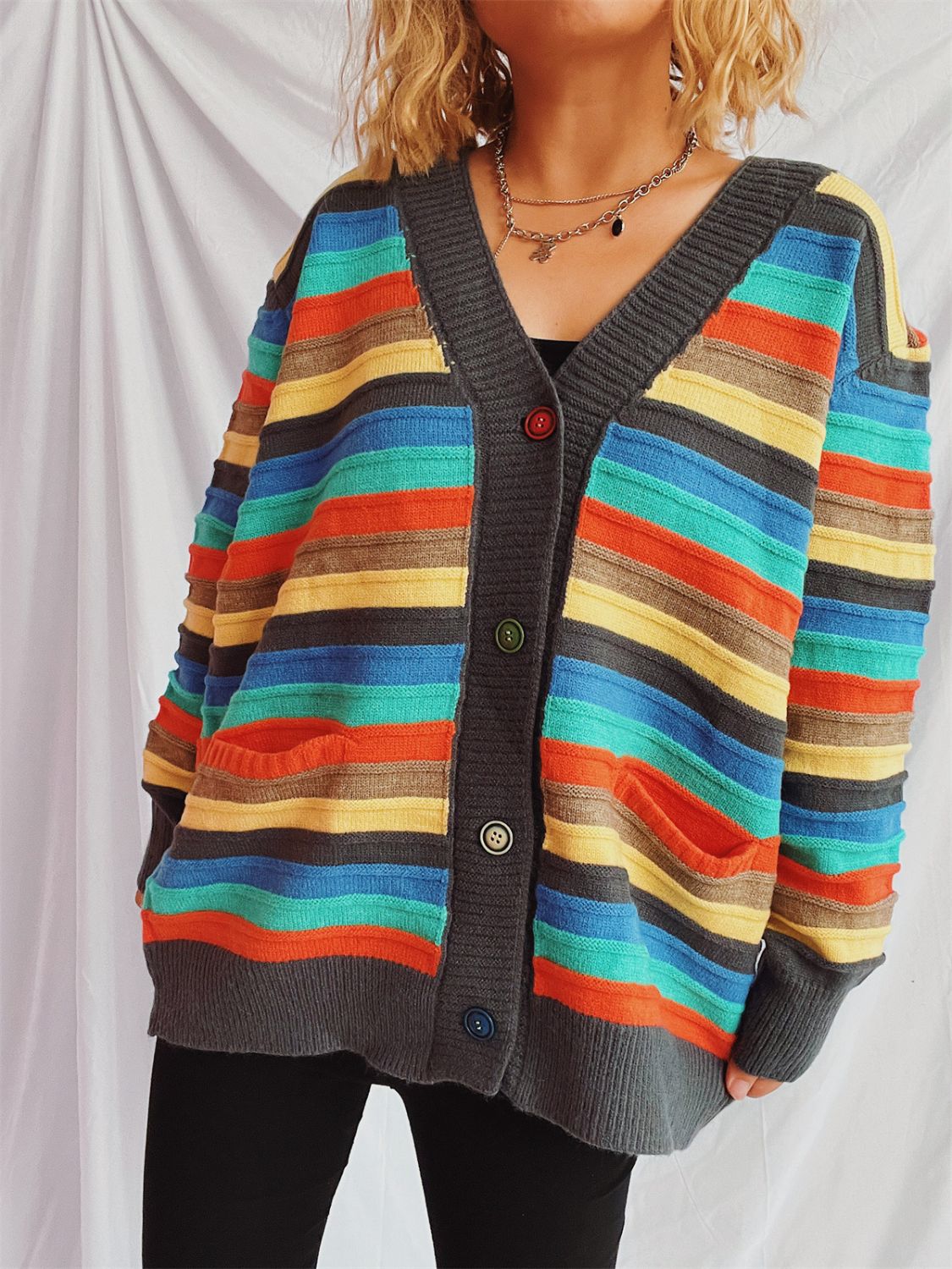 Contrast Stripes Button Up Long Sleeve Cardigan