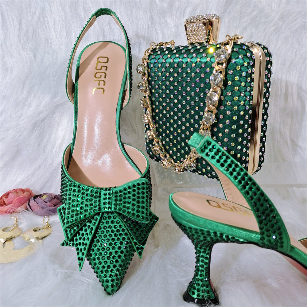 Solid Color Pointy Fashion Sandals Combination Metal Diamond Chain Handbag