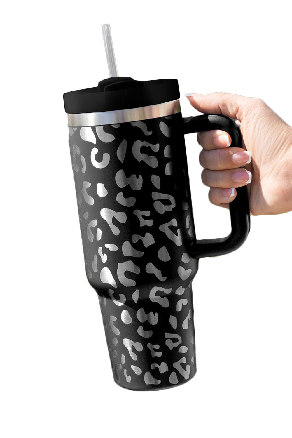 Black 40oz Stainless Steel Portable Leopard Tumbler Mug With Handle