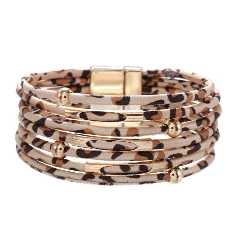 Alloy leopard print magnet buckle leather bracelet beaded leather rope bracelet copper bracelet accessories