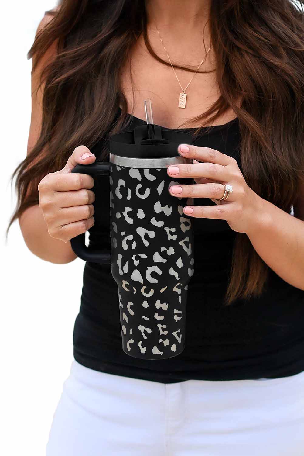 Black 40oz Stainless Steel Portable Leopard Tumbler Mug With Handle