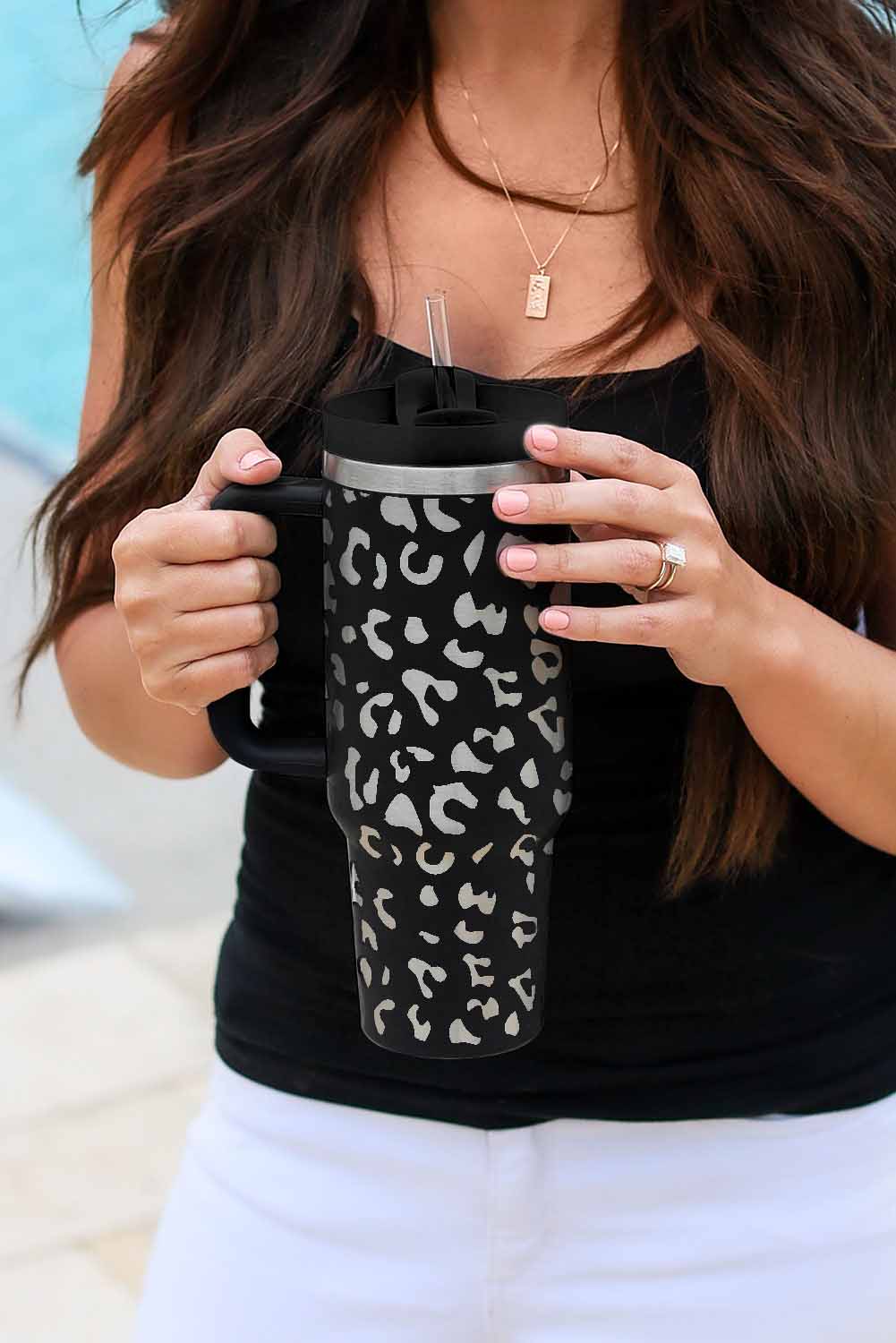 Black 40oz Stainless Steel Portable Leopard Tumbler Mug With Handle