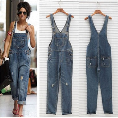 European and American ripped denim overalls for women