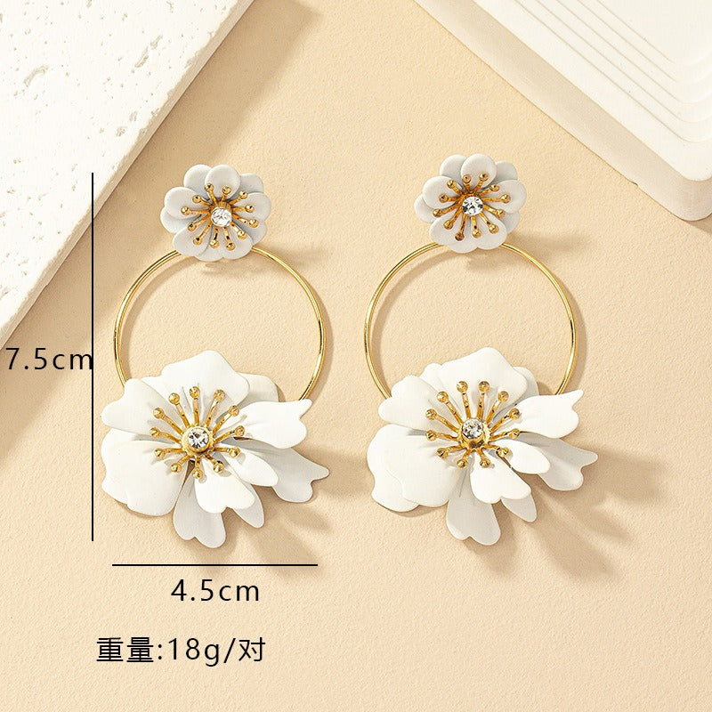 Camellia flower earrings with diamond inlaid flower earrings for women