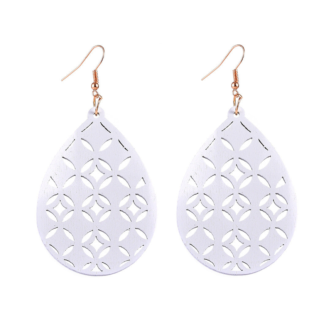 Retro Water Droplets Solid Color Wood Hollow Out Women's Drop Earrings