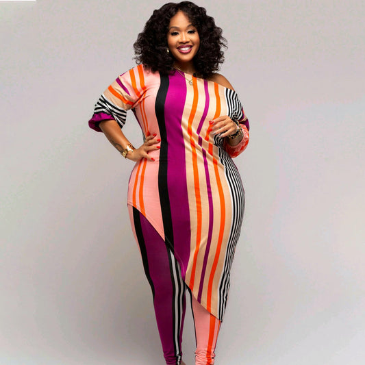 Women's Clothing Casual Fashion Printing Striped Suit Two-piece Set