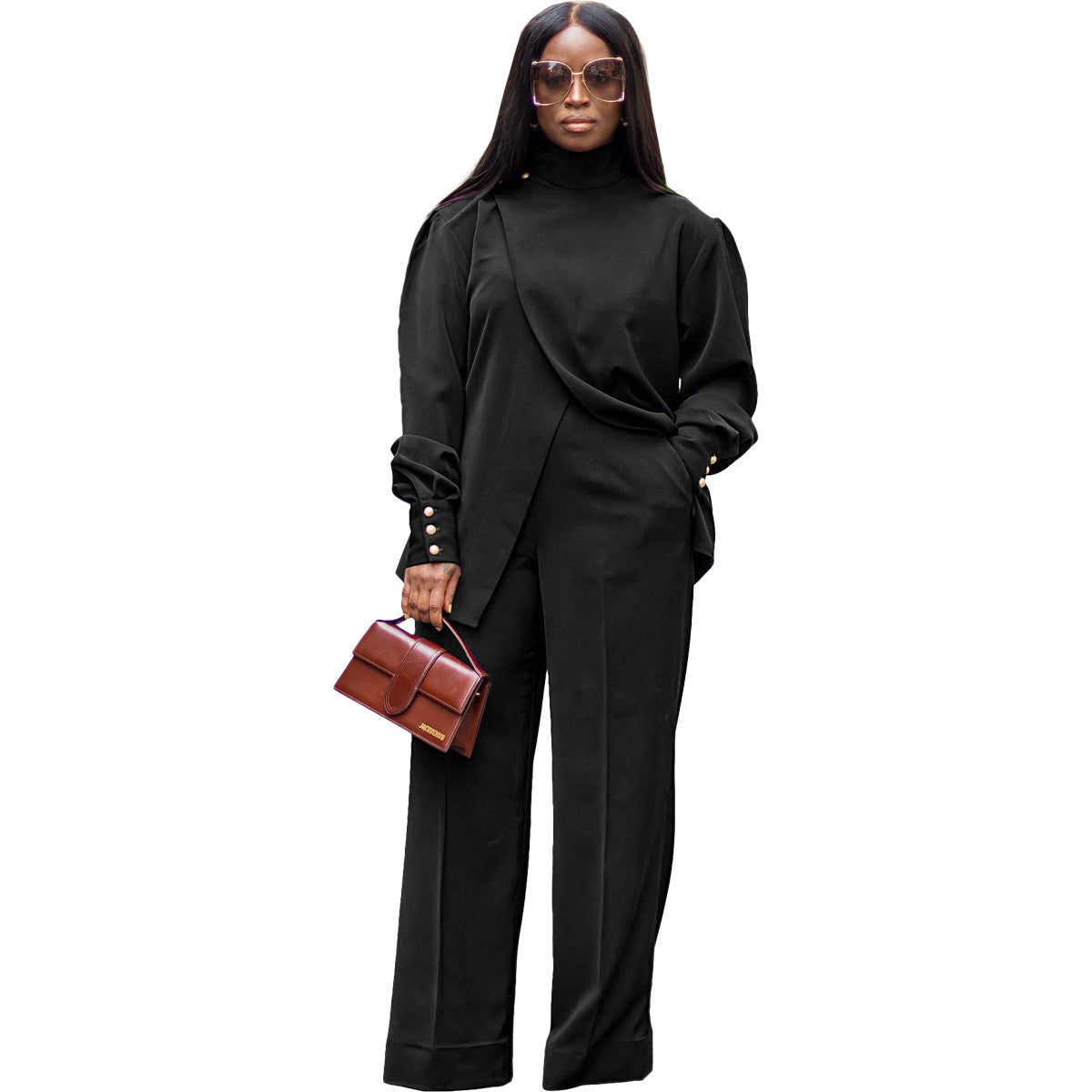 Women's Turtleneck Irregular Slit Long Sleeve Casual Two-piece Suit