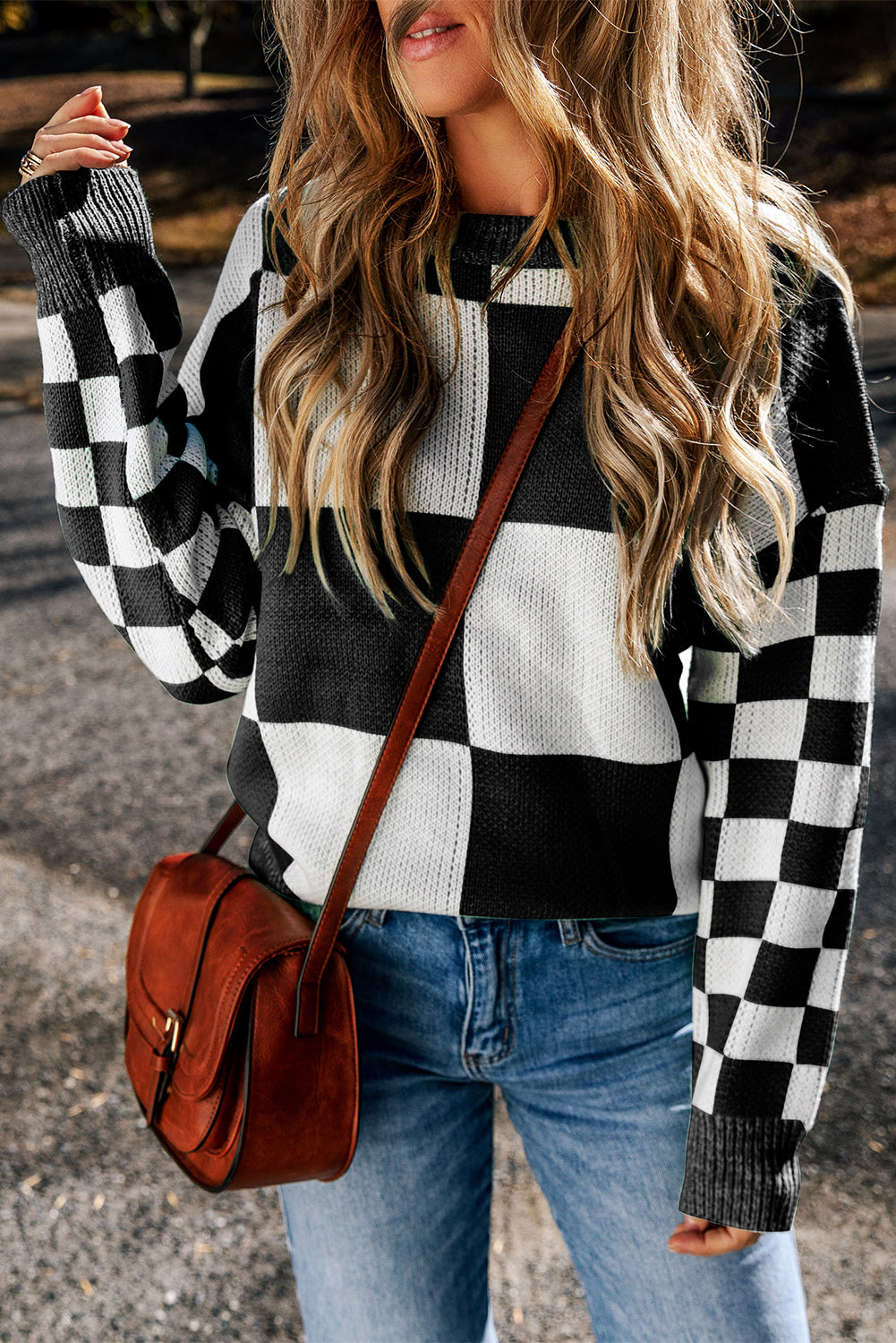 Checkered Round Neck Drop Shoulder Sweater