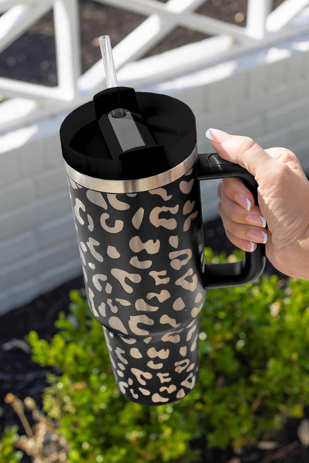 Black 40oz Stainless Steel Portable Leopard Tumbler Mug With Handle