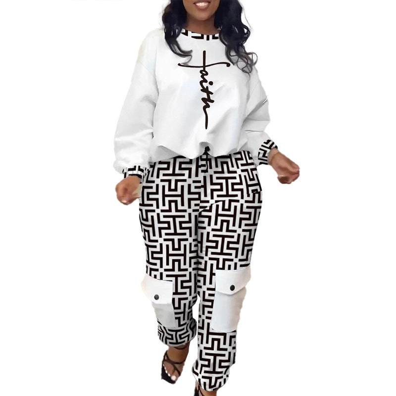 Women's Casual Printed Trousers Pullover Suit