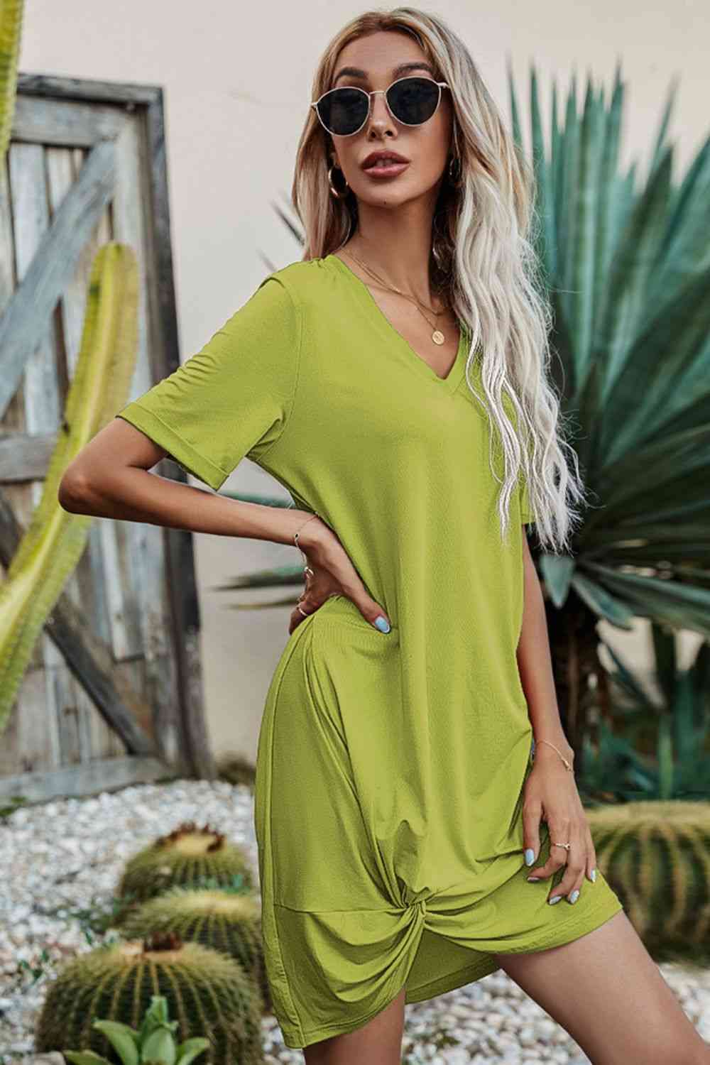 Twisted V-Neck Short Sleeve Dress