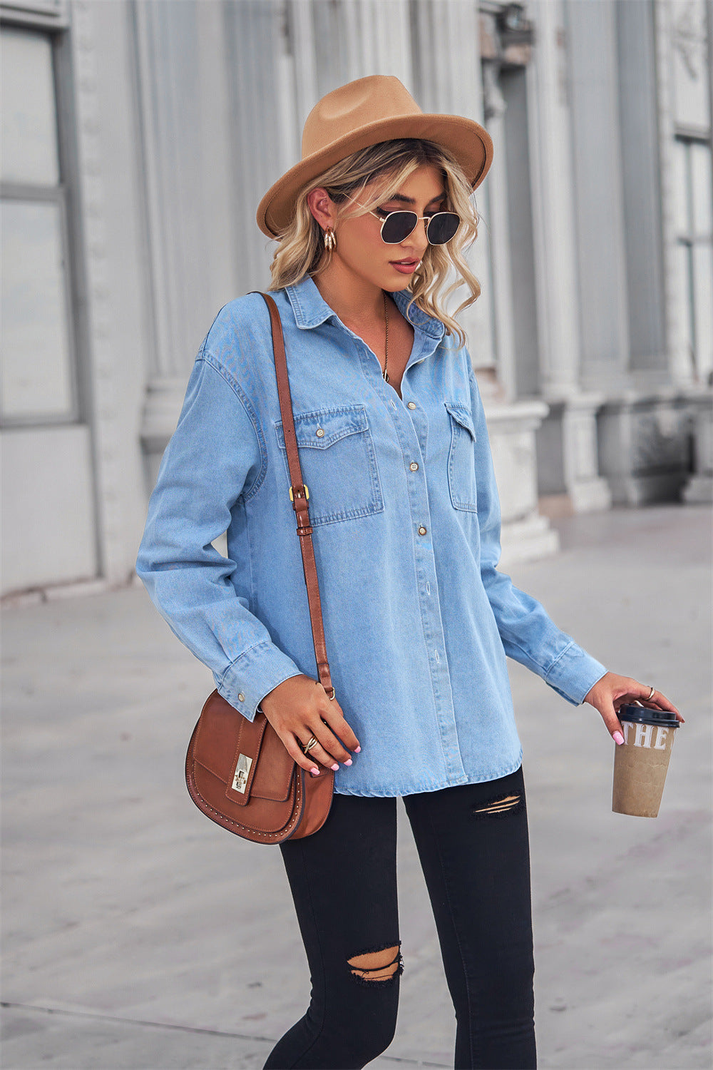 Collared Neck Dropped Shoulder Denim Top