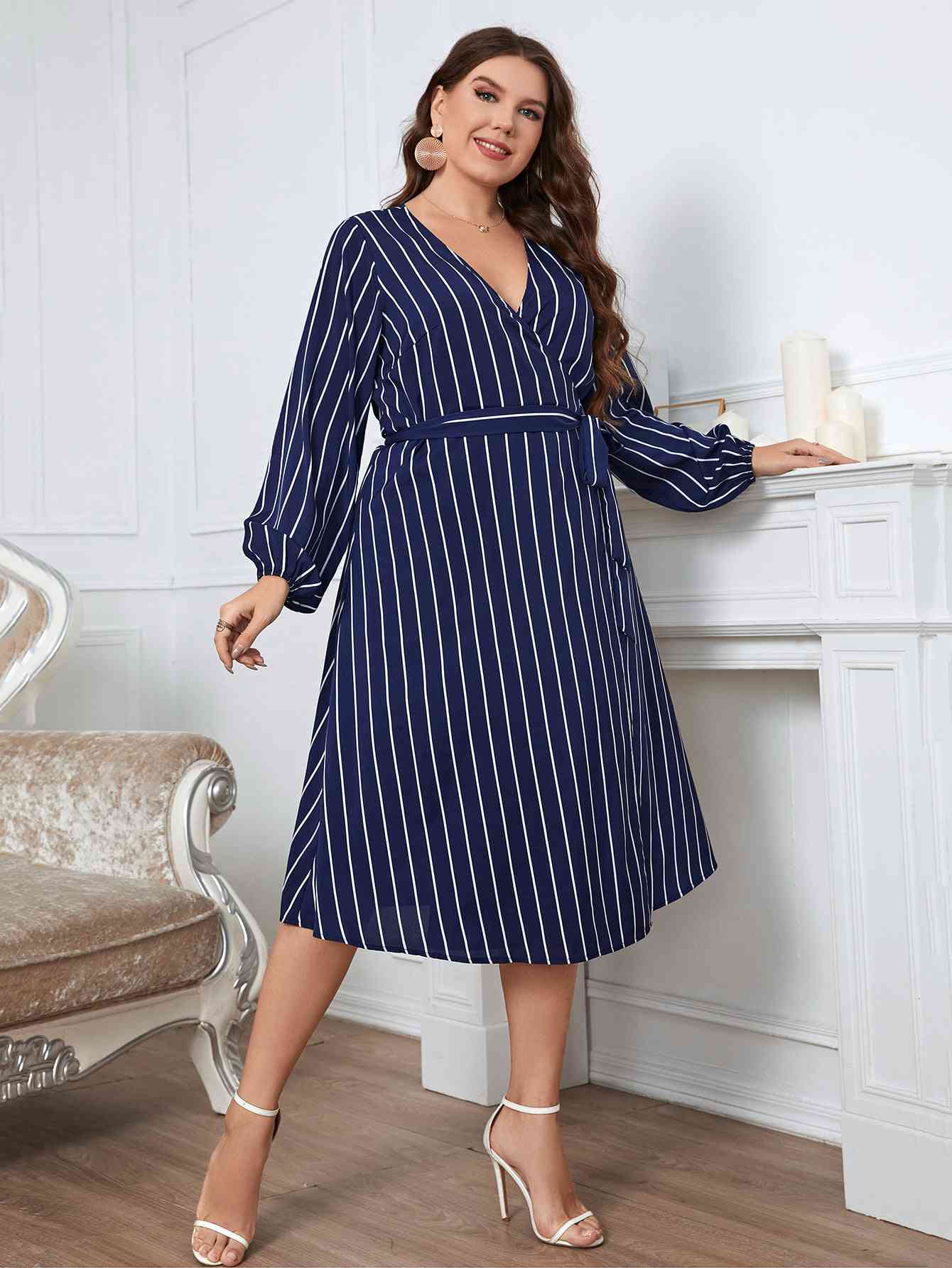 Melo Apparel Plus Size Striped Surplice Neck Long Sleeve Dress