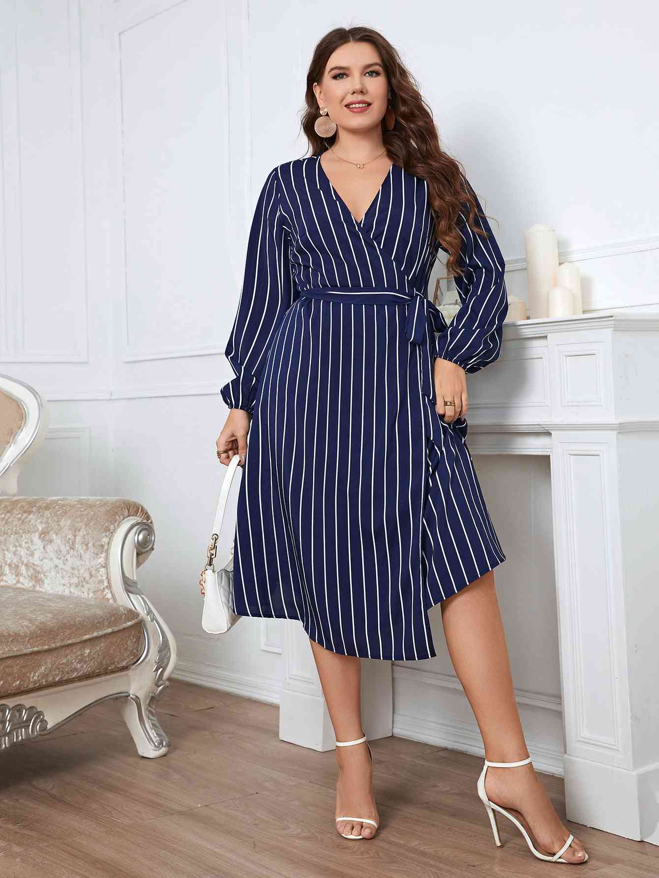 Melo Apparel Plus Size Striped Surplice Neck Long Sleeve Dress